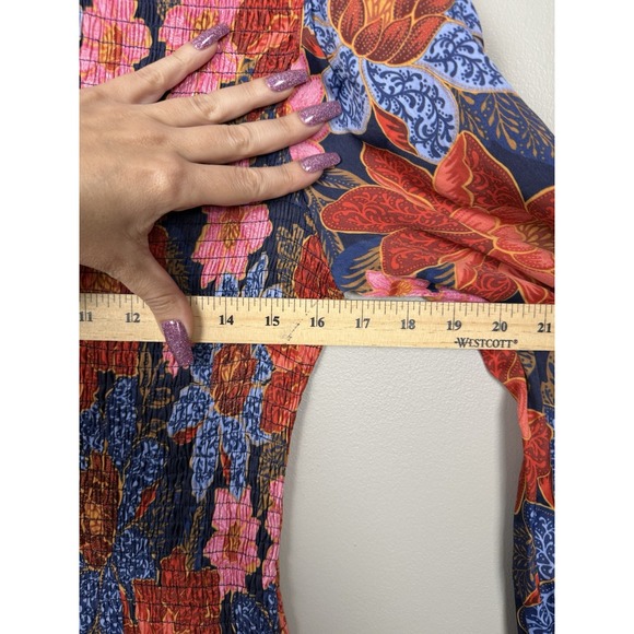 NWT Farm Rio Navy‎ Garden Smocked Mini Dress Size S Lenzing Ecovero Floral Boho - Picture 12 of 14